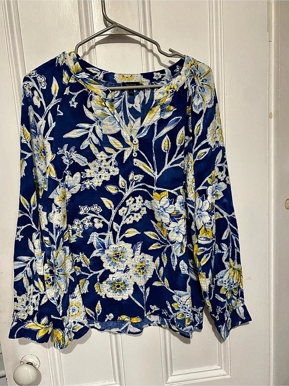 Talbots Cotton Feminine Popover Floral Long Sleeve Blouse Blue & Yellow Large